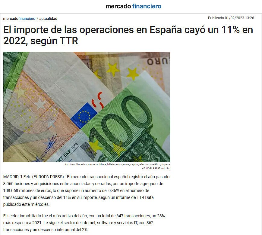 El importe de las operaciones en Espaa cay un 11% en 2022, segn TTR